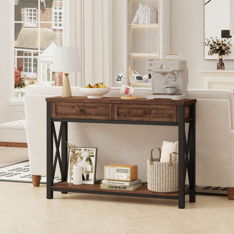 17 Stories Aust 47.24 Console Table With Drawers Wood And Metal Sofa Table For Living Room Industrial 2 Tier Entryway Table For Hallway Foyer Front Door Entrance Rustic Oak Wayfair